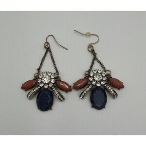 Vintage Bee Style Statement Drop Earrings Blue Stone Coral Rhinestone Dangle
